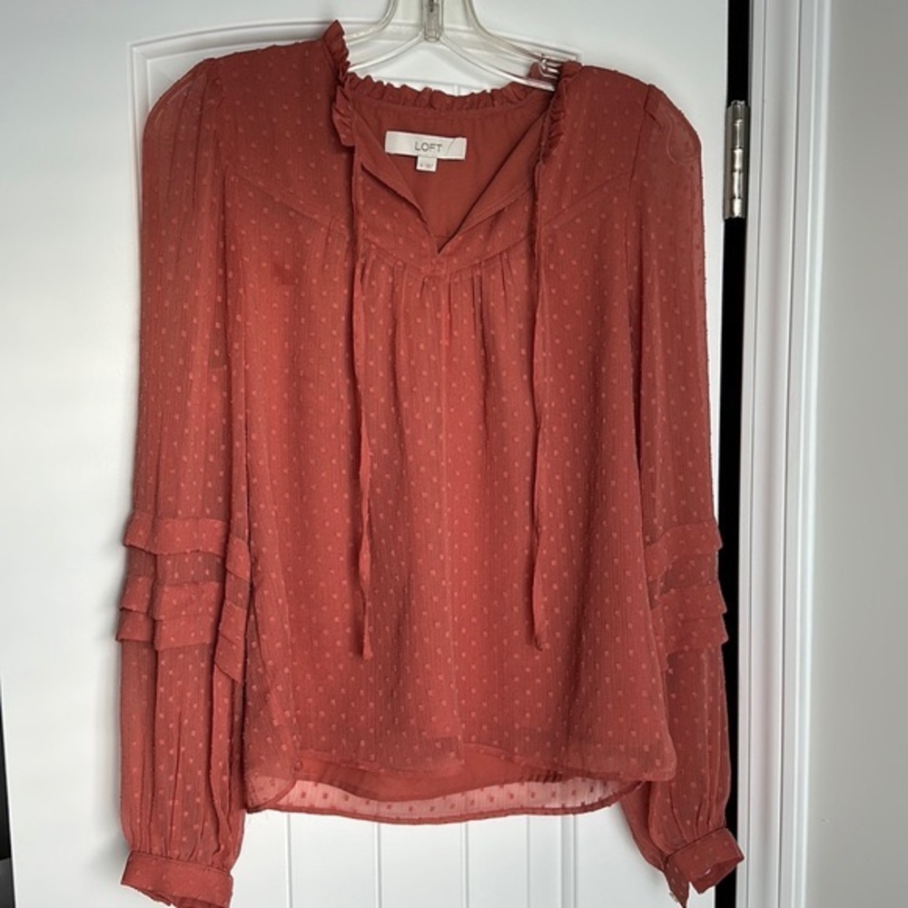 Loft burnt orange rust long sleeve chiffon dot frill V neck blouse size small.